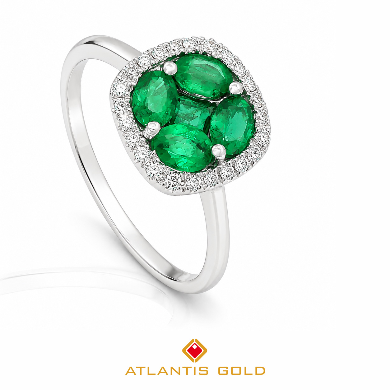 Inel Petalia - Smaralde & Diamante, Aur alb 18K